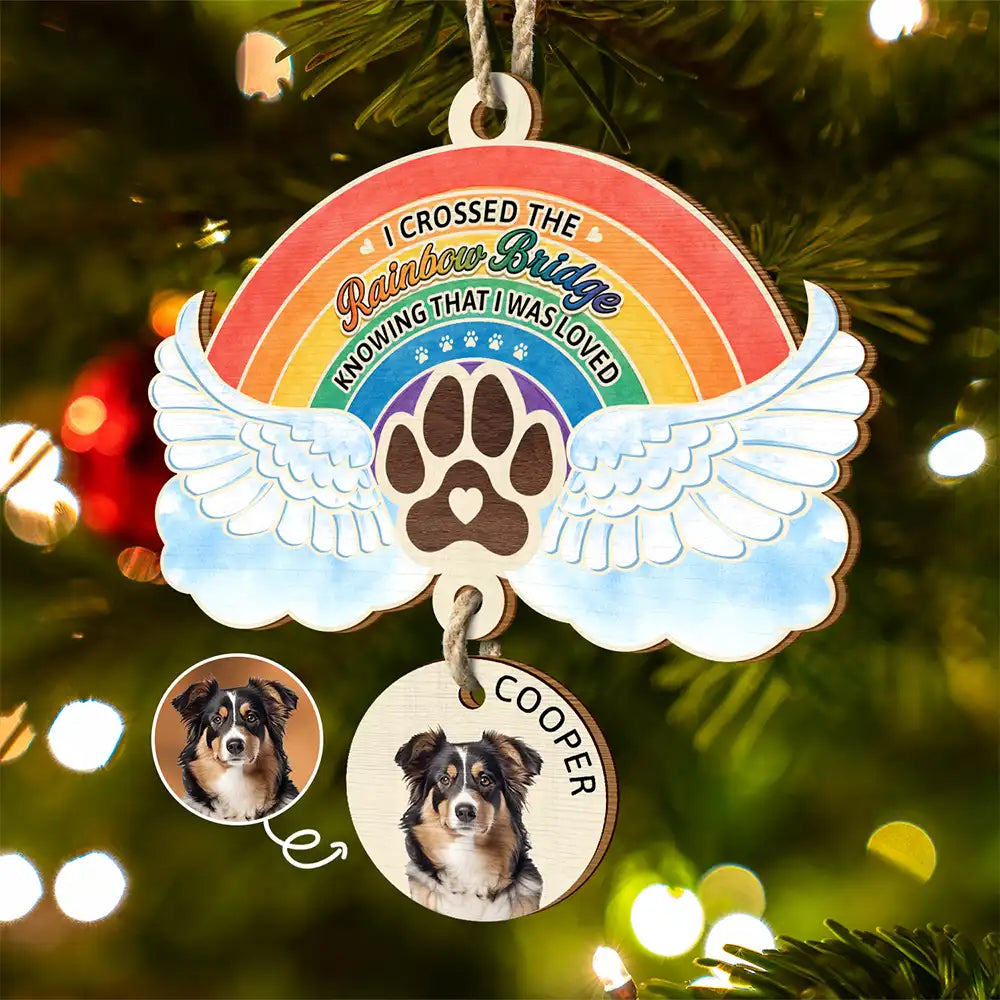 Pet Lovers,Pet Mom,Pet Dad,Dog Lovers,Dog Mom,Dog Dad,Cat Lovers,Cat Mom,Cat Dad,Memorial,Sad,Christmas - Custom Photo The Rainbow Bridge - Personalized Wooden Ornament With Wooden Tags