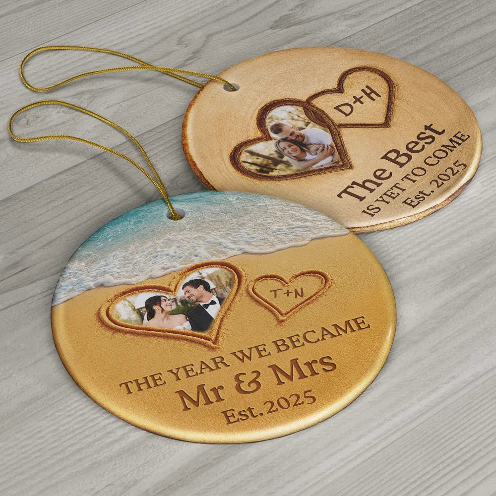 Gift For Couples,Gift For Husband,Gift For Wife,Gift For Boyfriend,Gift For Girlfriend,Anniversary,Wedding Anniversary,Love,Custom Photo - Custom Photo The Year We Became Mr & Mrs Initial Letter - Personalized Circle Ceramic Ornament