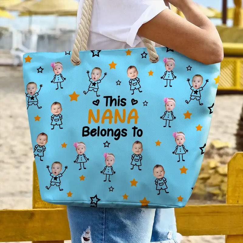 Gift For Grandma,Gift For Mother,Love,Stick Figure - Custom Photo This Grandma Mom Belongs To Kids Pet - Personalized Beach Bag