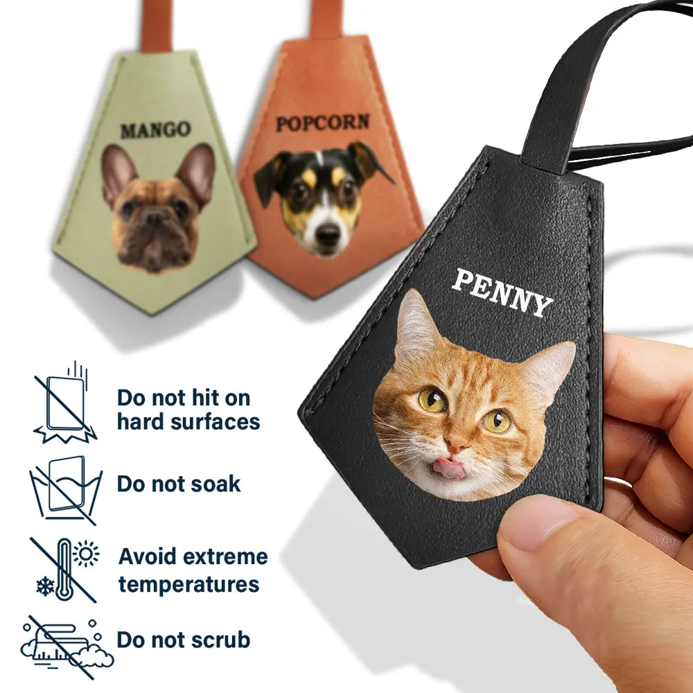 Pet Lovers - Custom Photo This Human Belongs To - Personalized Tag Shaped Leather Keychain With Stitching