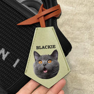 Pet Lovers - Custom Photo This Human Belongs To - Personalized Tag Shaped Leather Keychain With Stitching