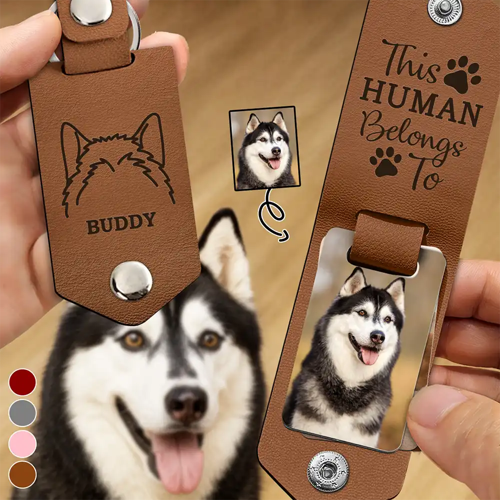 Pet Lovers - Custom Photo This Human Belongs To - Personalized Leather Photo Keychain