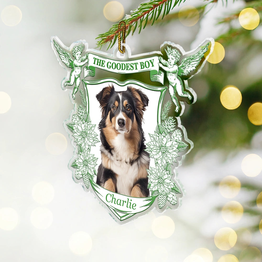 Dog Lovers, Dog Mom, Dog Dad, Cat Lovers, Cat Mom, Cat Dad, Pet Lovers, Pet Mom, Pet Dad, Christmas, Love - Custom Photo Toile De Jouy Goodest Boy Girl - Personalized Custom Shaped Acrylic Ornament