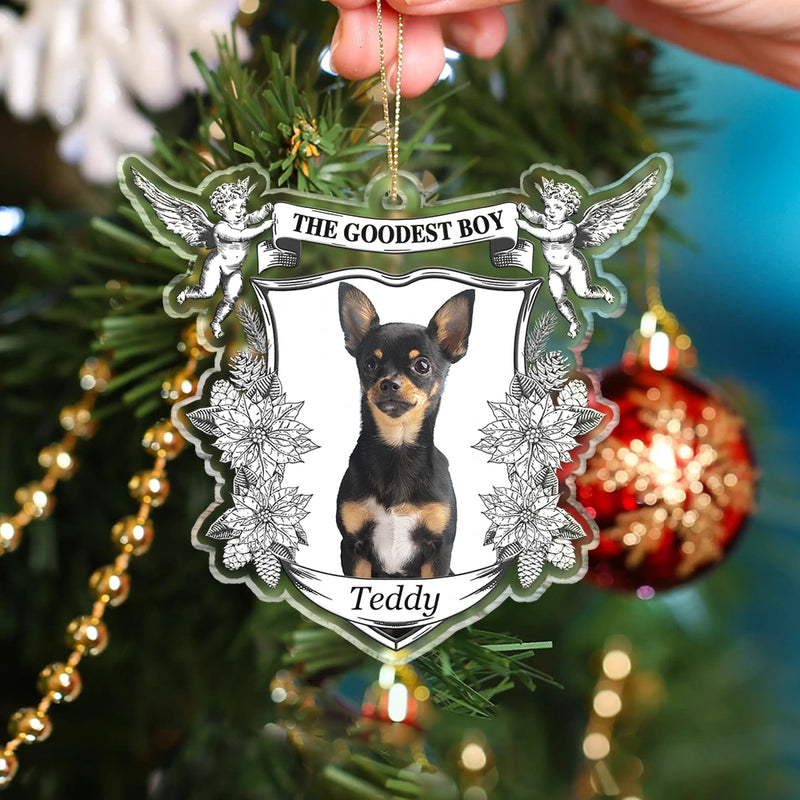 Dog Lovers, Dog Mom, Dog Dad, Cat Lovers, Cat Mom, Cat Dad, Pet Lovers, Pet Mom, Pet Dad, Christmas, Love - Custom Photo Toile De Jouy Goodest Boy Girl - Personalized Custom Shaped Acrylic Ornament