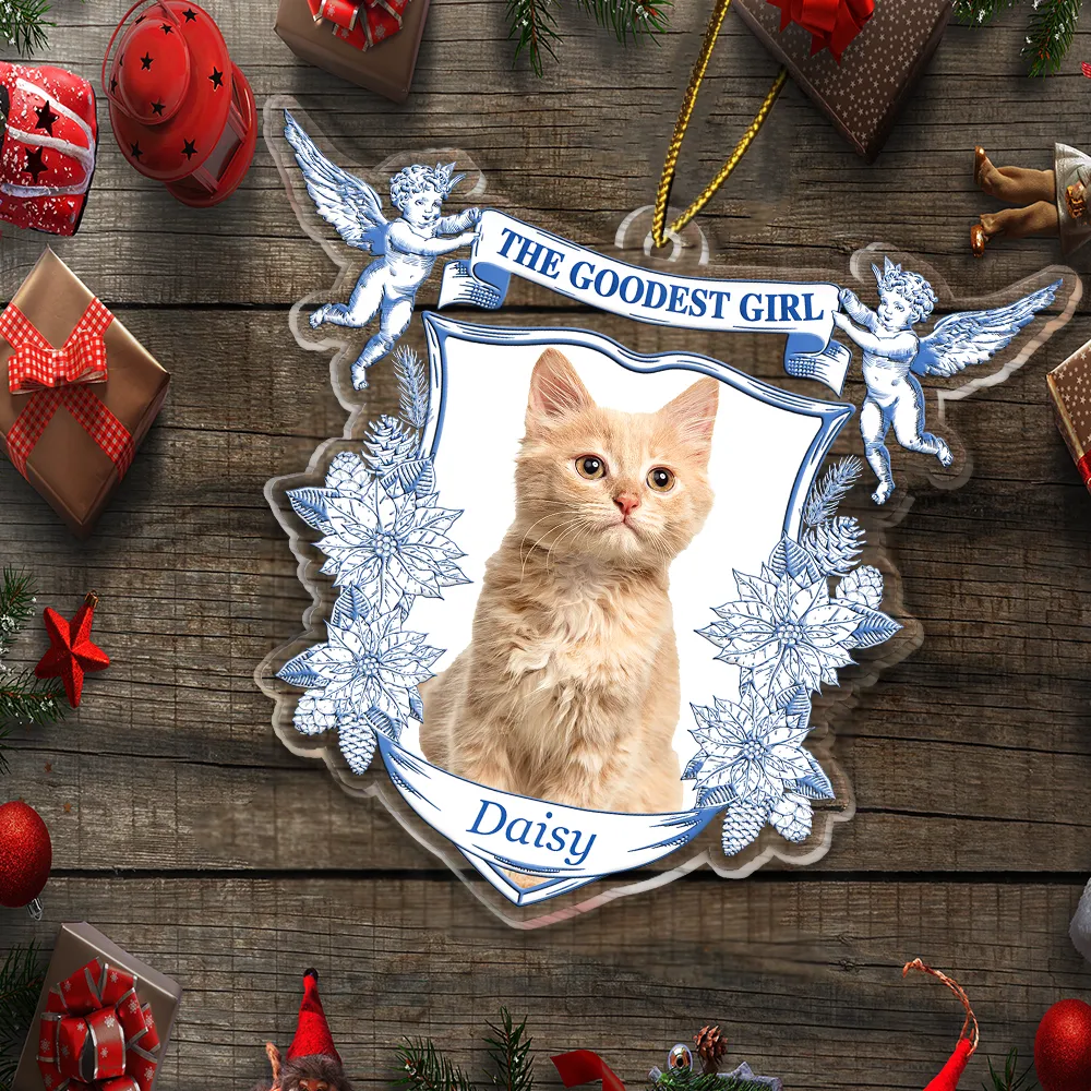 Dog Lovers, Dog Mom, Dog Dad, Cat Lovers, Cat Mom, Cat Dad, Pet Lovers, Pet Mom, Pet Dad, Christmas, Love - Custom Photo Toile De Jouy Goodest Boy Girl - Personalized Custom Shaped Acrylic Ornament
