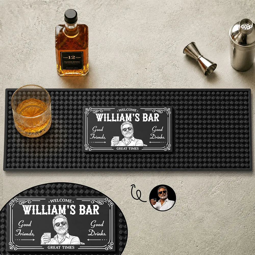 Custom Photo, Art Design, Gift For Men, Gift For Yourself, Confident, Photo - Toybox Figure Half Body - Custom Photo Toybox Figure Good Friends Good Drinks Great Times - Personalized Bar Mat