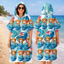 Humorous,Beach,Custom Photo,Summer,Pet Lovers,Cut-Face Photo,Icon - Custom Photo Tropical Funny Pet Family Face - Personalized Hooded Poncho Towel