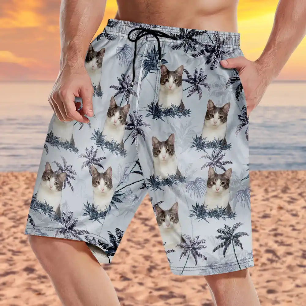 Summer, Gift For Wife, Gift For Girlfriend, Gift For Women, Gift For Yourself, Dog Lovers, Dog Mom, Happy, Cat Lovers, Pet Lovers, Beach - Custom Photo Tropical Palm Dog Cat - Personalized Unisex Beach Shorts