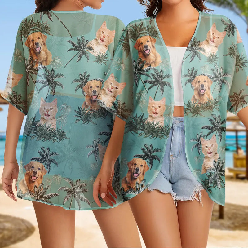 Summer,Gift For Wife,Gift For Girlfriend,Gift For Women,Gift For Yourself,Dog Lovers,Dog Mom,Happy,Cat Lovers,Pet Lovers,Beach - Custom Photo Tropical Palm Dog Cat - Personalized Women Kimono Cardigan