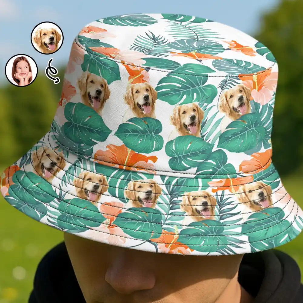Gift For Yourself, Gift For Women, Gift For Men, Gift For Kids, Dog Lovers, Dog Mom, Dog Dad, Cat Lovers, Cat Mom, Cat Dad, Pet Lovers, Pet Mom, Pet Dad, Summer, Happy - Custom Photo Tropical Pet Family Face - Personalized Bucket Hat