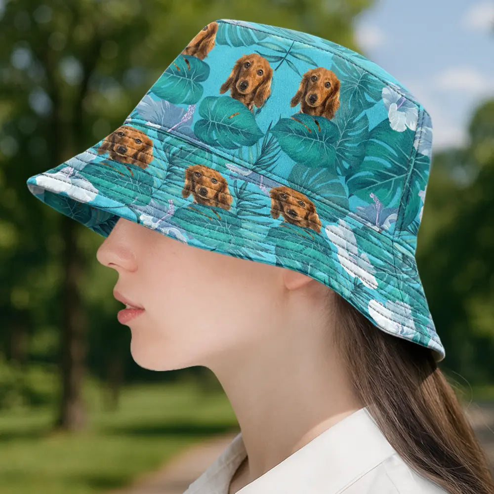 Gift For Yourself, Gift For Women, Gift For Men, Gift For Kids, Dog Lovers, Dog Mom, Dog Dad, Cat Lovers, Cat Mom, Cat Dad, Pet Lovers, Pet Mom, Pet Dad, Summer, Happy - Custom Photo Tropical Pet Family Face - Personalized Bucket Hat