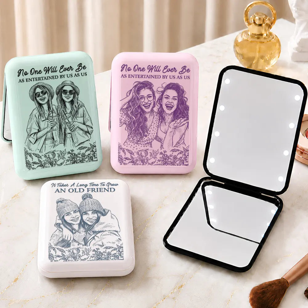 Custom Photo, Art Design, Gift For Bestie, Humorous, Photo - Pencil Sketch - Remove BG - Custom Photo True Friendship Is Journey Without End Pencil Sketch Toile De Jouy - Personalized LED Compact Mirror