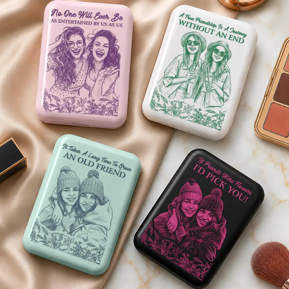Custom Photo, Art Design, Gift For Bestie, Humorous, Photo - Pencil Sketch - Remove BG - Custom Photo True Friendship Is Journey Without End Pencil Sketch Toile De Jouy - Personalized LED Compact Mirror
