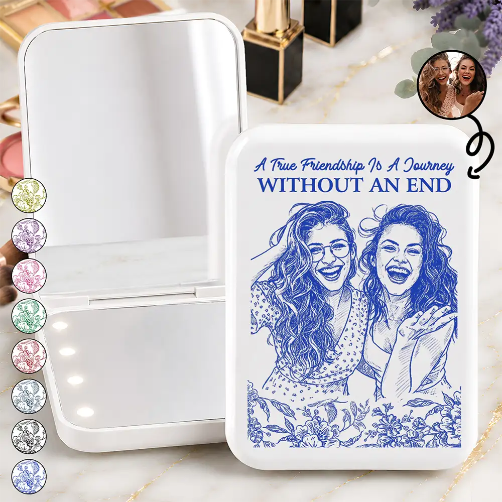 Custom Photo, Art Design, Gift For Bestie, Humorous, Photo - Pencil Sketch - Remove BG - Custom Photo True Friendship Is Journey Without End Pencil Sketch Toile De Jouy - Personalized LED Compact Mirror