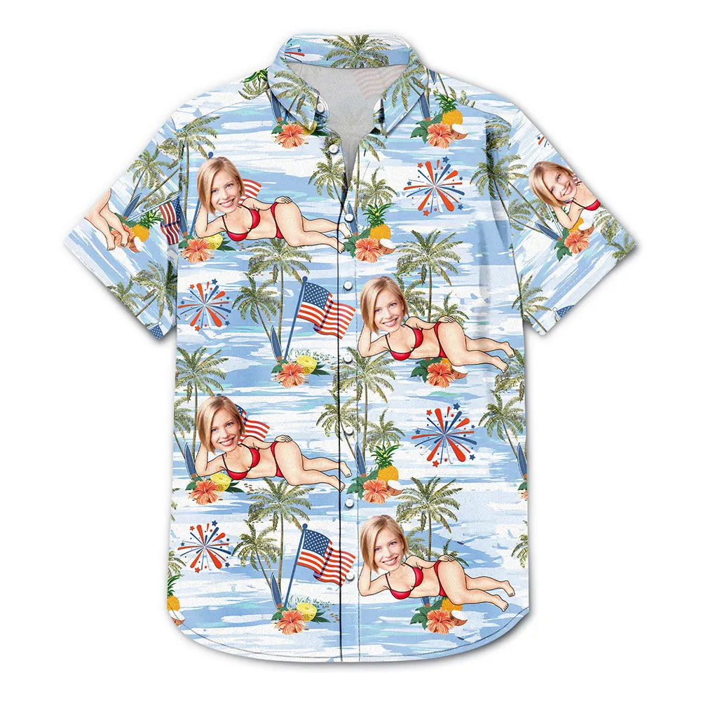 Gift For Husband,Gift For Boyfriend,Gift For Yourself,Gift For Men,Gift For Grandpa,Gift For Father,Funny,America 250th - Custom Photo US Flag Sexy Pose - Personalized Hawaiian Shirt