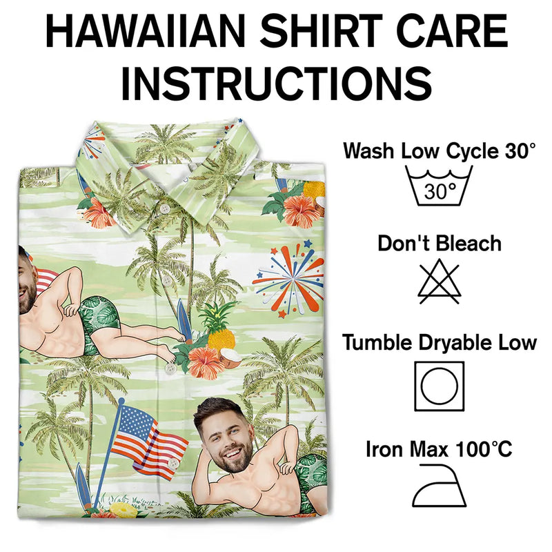 Gift For Husband,Gift For Boyfriend,Gift For Yourself,Gift For Men,Gift For Grandpa,Gift For Father,Funny,America 250th - Custom Photo US Flag Sexy Pose - Personalized Hawaiian Shirt