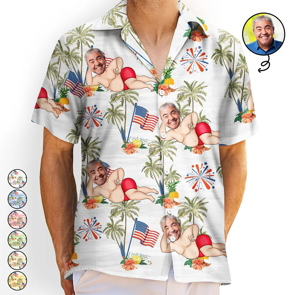 Gift For Husband,Gift For Boyfriend,Gift For Yourself,Gift For Men,Gift For Grandpa,Gift For Father,Funny,America 250th - Custom Photo US Flag Sexy Pose - Personalized Hawaiian Shirt