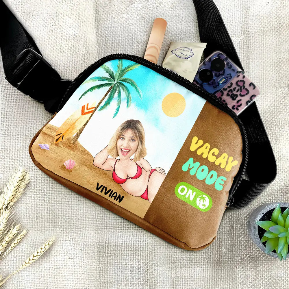 Gift For Yourself,Gift For Women,Travel,Happy,Beach,Gift For Men - Custom Photo Vacay Mode On - Personalized Crossbody Belt Bag