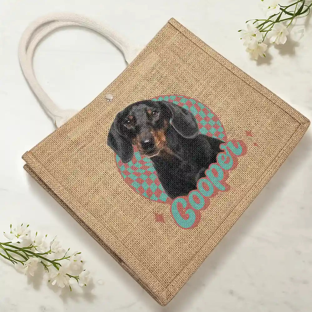 Dog Dad, Dog Lovers, Pet Lovers, Happy, Dog Mom - Custom Photo Vintage Dog Cat Pet - Personalized Jute Beach Bag