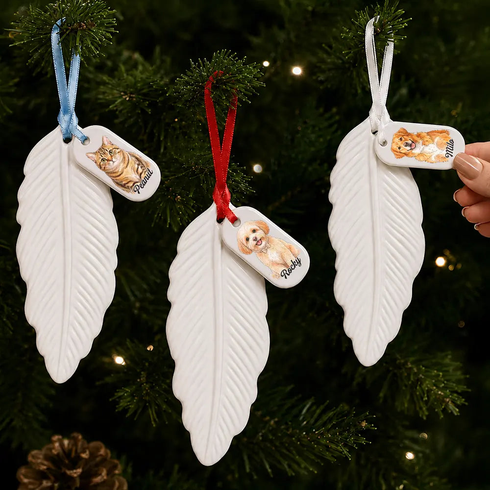 Art Design,Healing,Christmas,Pet Memorial,Pet Lovers,Memorial,Photo - Vivid Watercolor Art - Custom Photo Vivid Watercolor Art Dog Cat Pet Memorial Christmas - Personalized Feather Ornament