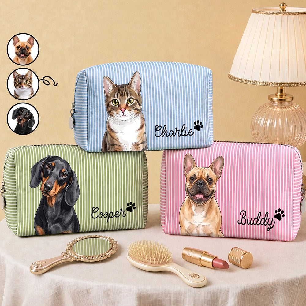 Top Market,Art Design,Playful,Pet Lovers,Photo - Vivid Watercolor Art - Custom Photo Vivid Watercolor Art Dog Cat Pet Portrait - Personalized Striped Cosmetic Bag