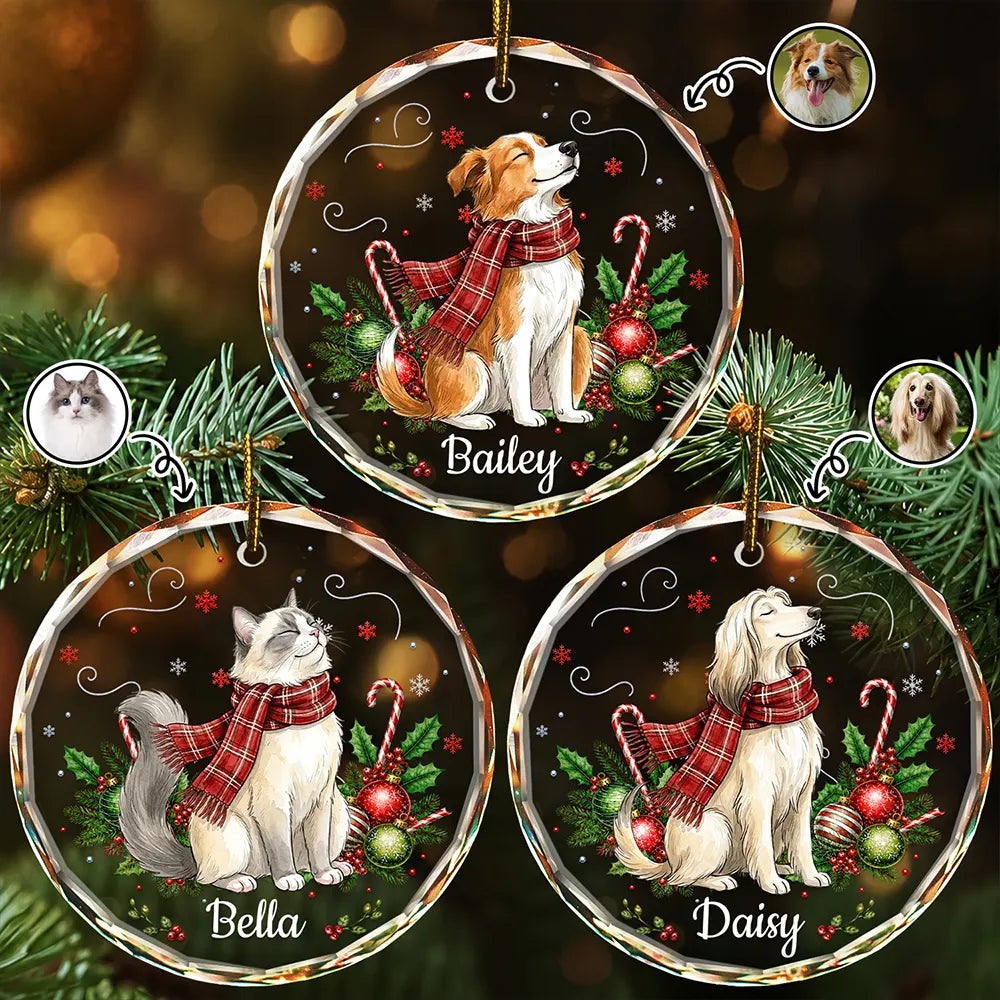 Custom Photo Watercolor Christmas Dog Pet Lover Gift - Personalized Combo Circle Glass Ornament