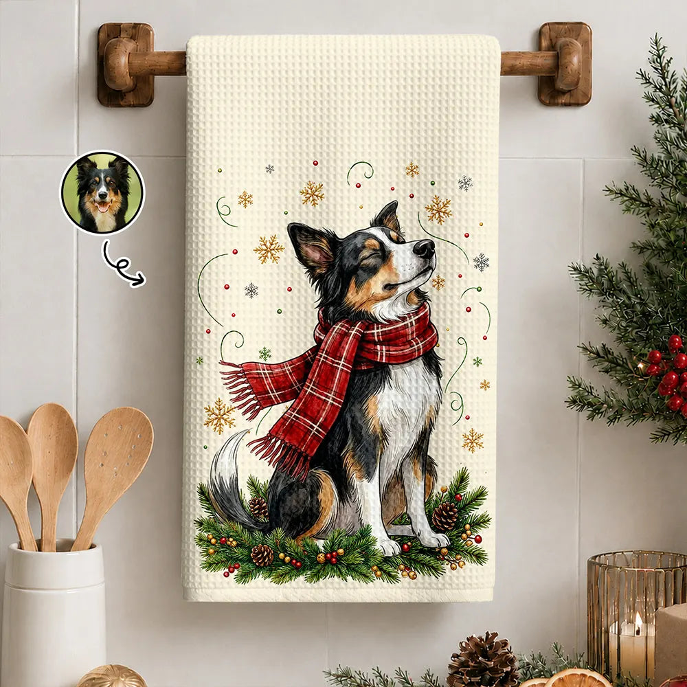Custom Photo Watercolor Christmas Dog Pet Lover Gift - Personalized Kitchen Towel
