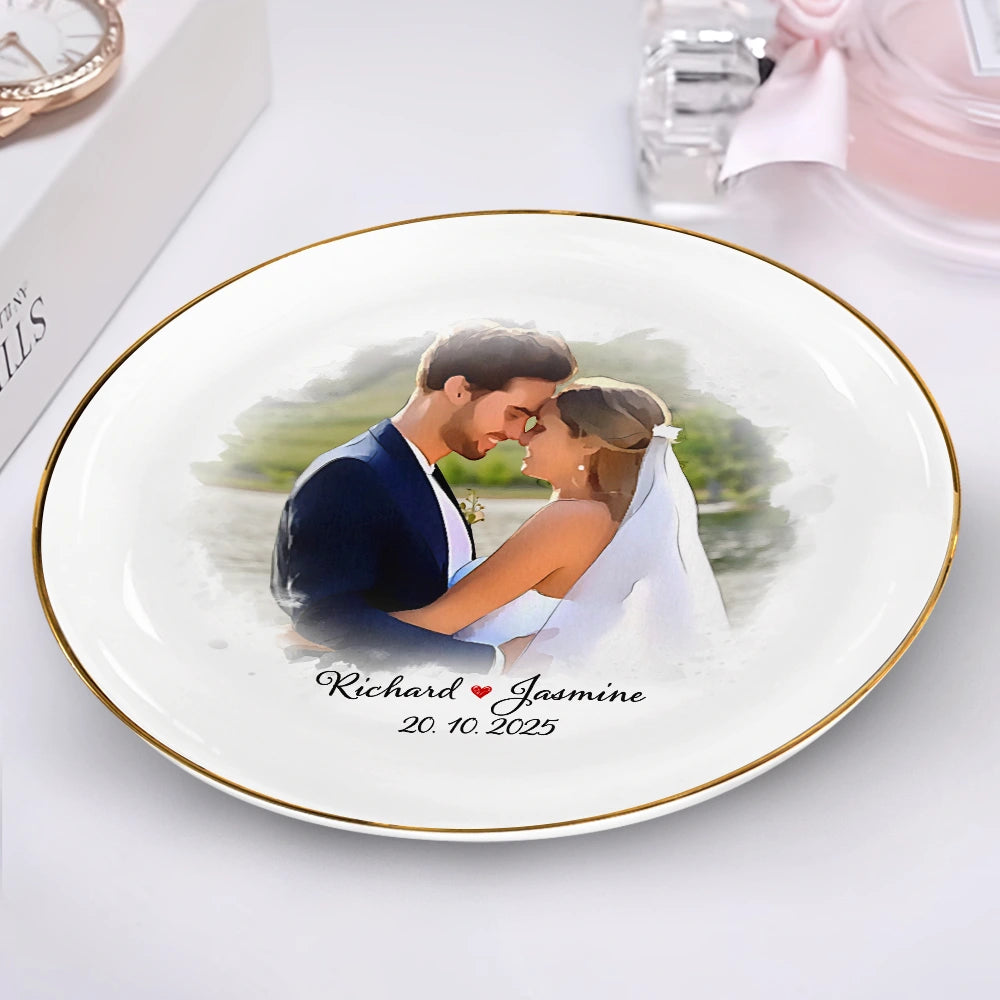 Anniversary,Wedding Anniversary,Gift For Couples,Gift For Husband,Gift For Wife,Gift For Boyfriend,Gift For Girlfriend,Love - Custom Photo Watercolor Couples Anniversary Gift - Personalized Round Ring Dish