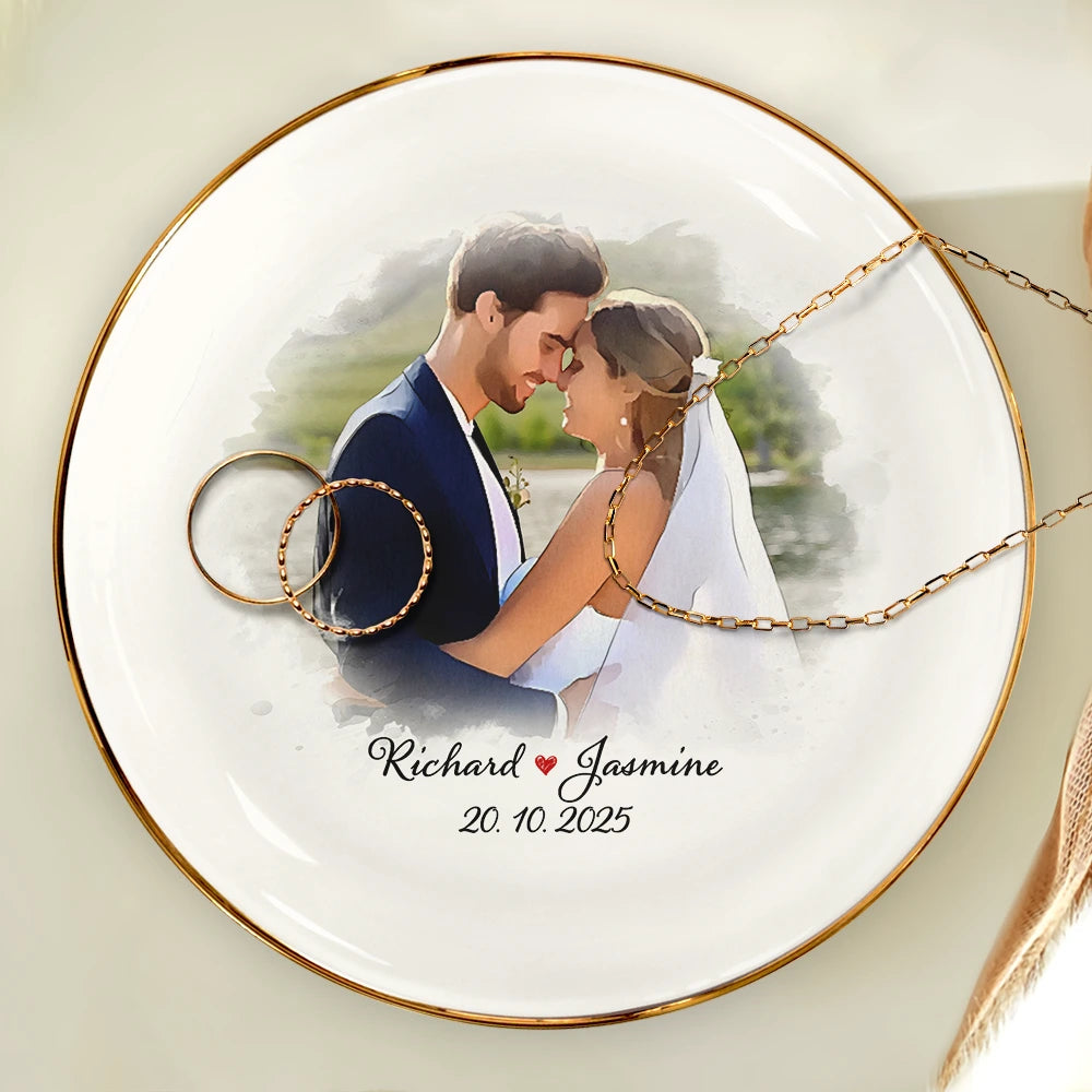 Anniversary,Wedding Anniversary,Gift For Couples,Gift For Husband,Gift For Wife,Gift For Boyfriend,Gift For Girlfriend,Love - Custom Photo Watercolor Couples Anniversary Gift - Personalized Round Ring Dish