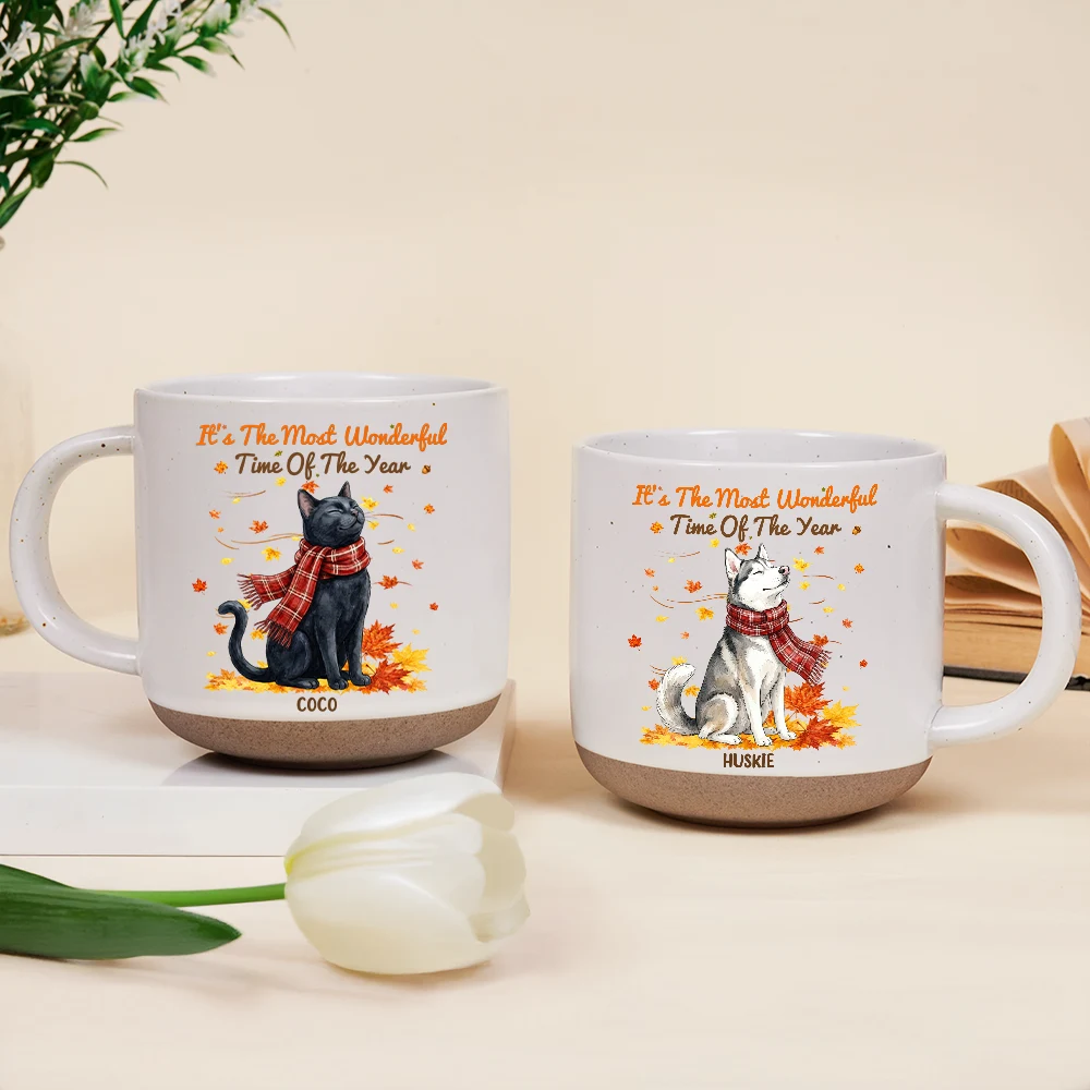 Art Design,Cozy,Pet Lovers,Photo - Pet With Fall Leaves - Custom Photo Watercolor Fall Leaves Dog Pet Lovers Portrait - Personalized Pottery Mug