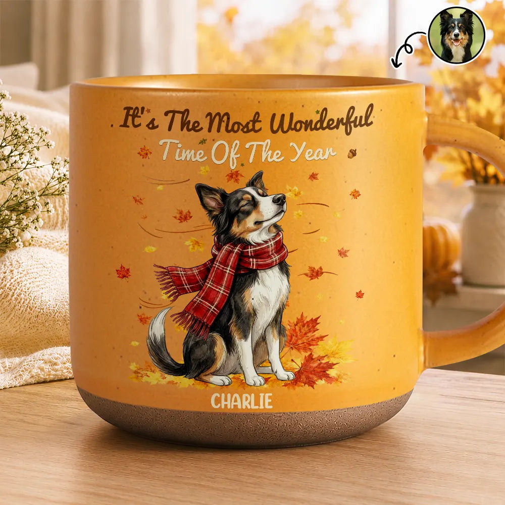 Art Design,Cozy,Pet Lovers,Photo - Pet With Fall Leaves - Custom Photo Watercolor Fall Leaves Dog Pet Lovers Portrait - Personalized Pottery Mug