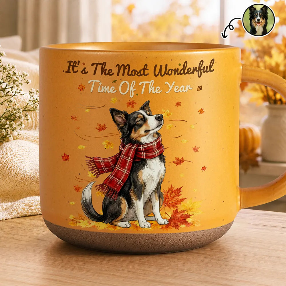Custom Photo Watercolor Fall Leaves Dog Pet Lovers Portrait - Personalized Pottery Mug