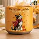 Art Design,Cozy,Pet Lovers,Photo - Pet With Fall Leaves - Custom Photo Watercolor Fall Leaves Dog Pet Lovers Portrait - Personalized Pottery Mug