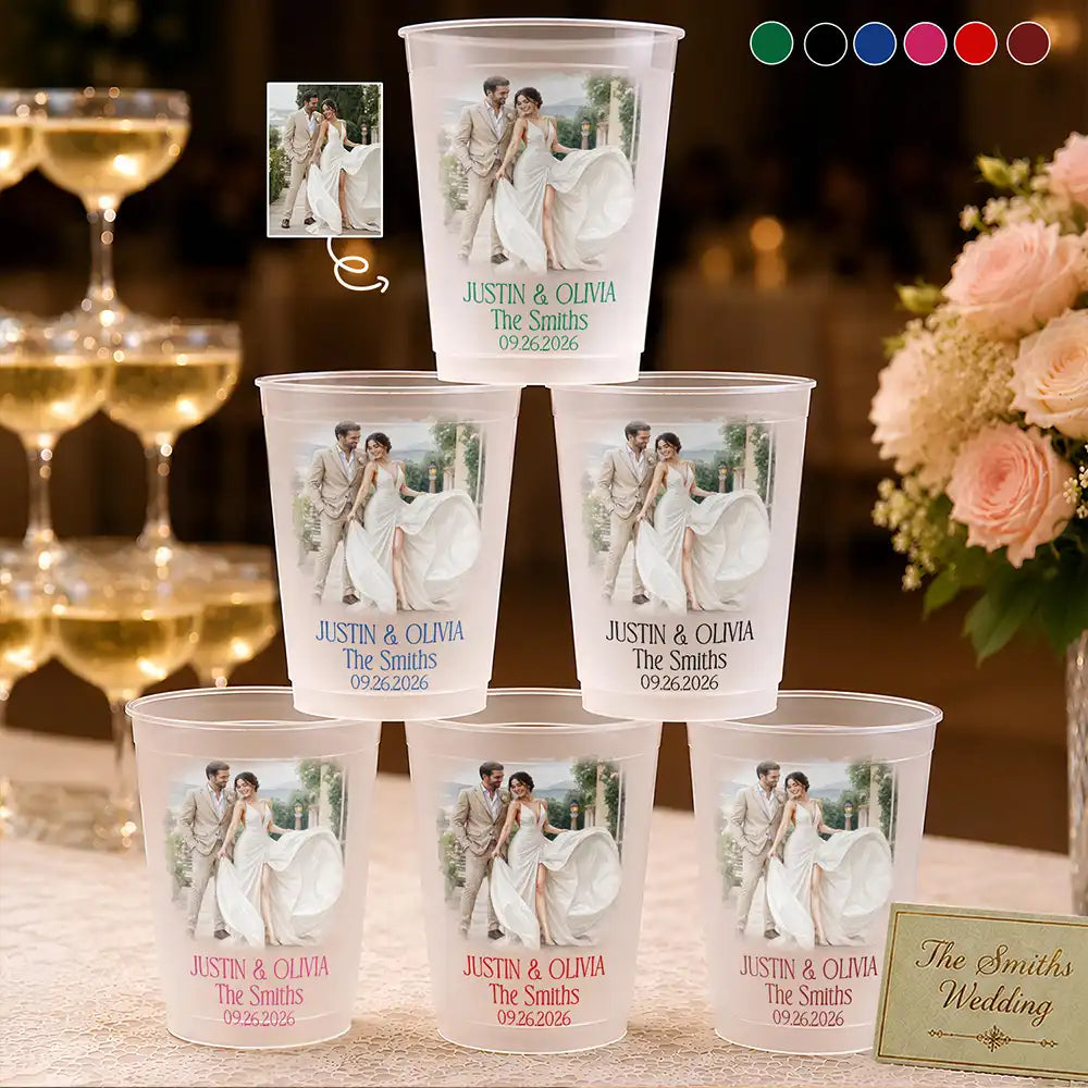 Custom Photo Watercolor Painting Couples Wedding Engaged Bachelor Party - Personalized Frosted Cups