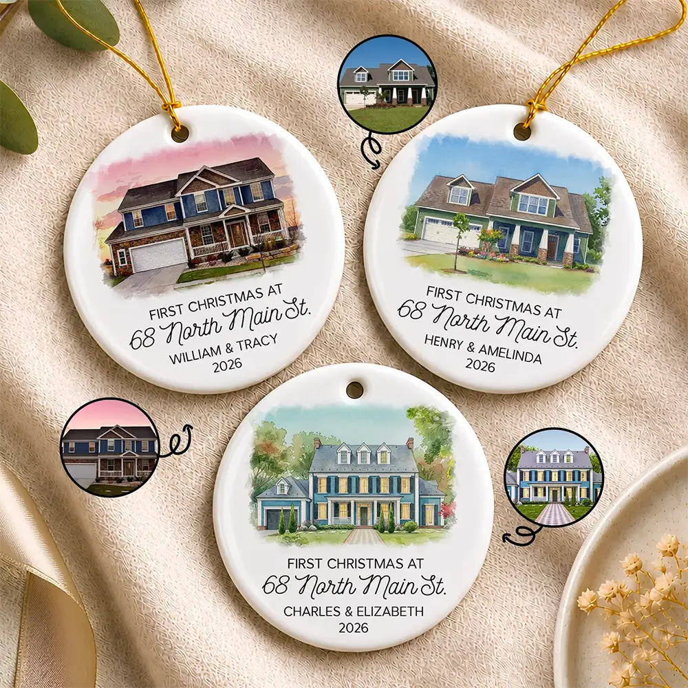 Art Design,Christmas,Family,Photo - Watercolor - With BG,Happy - Custom Photo Watercolor Painting First Christmas At New Home Couple Family - Personalized Circle Ceramic Ornament