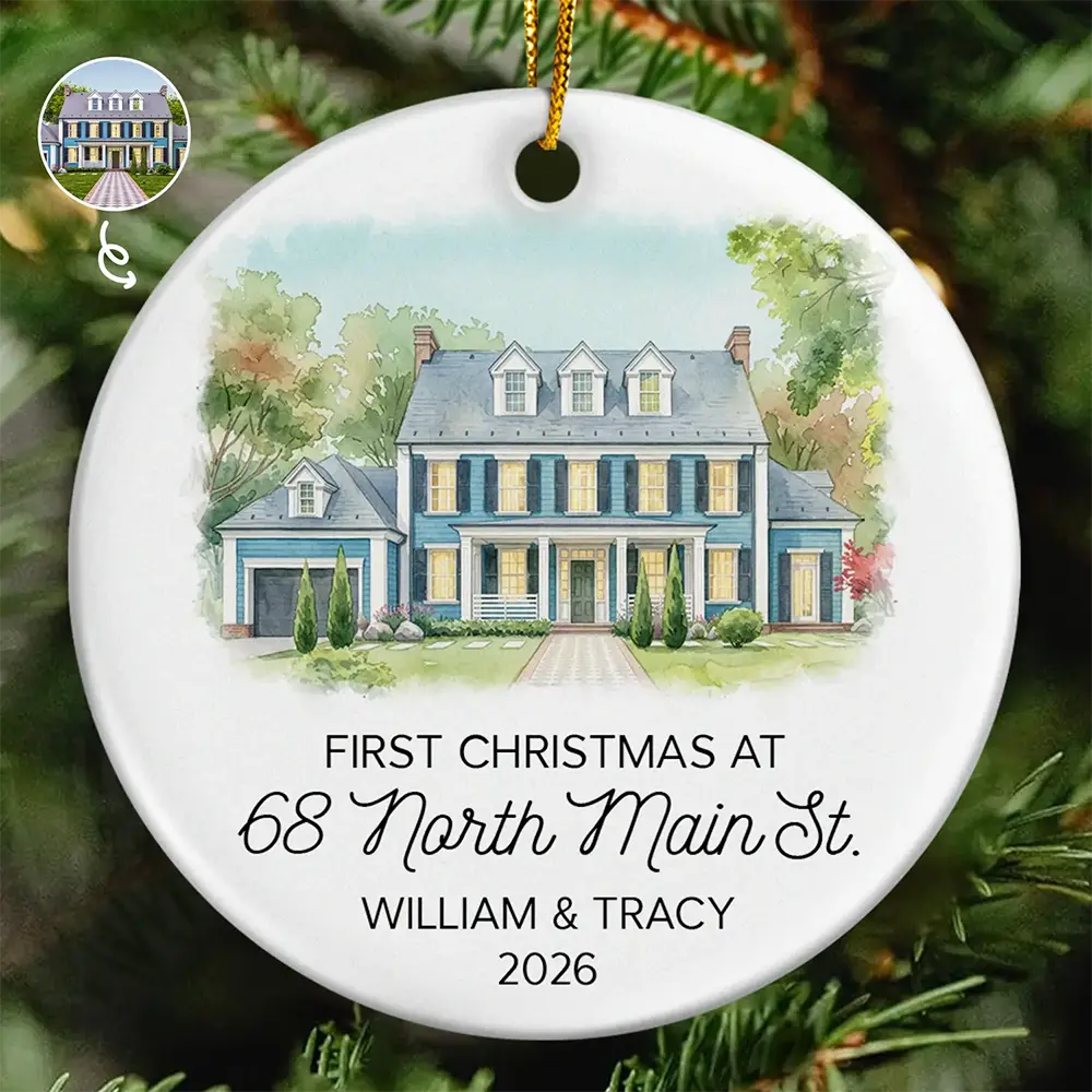 Custom Photo Watercolor Painting First Christmas At New Home Couple Family - Personalized Circle Ceramic Ornament