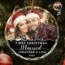 Art Design,Christmas,Married Couple,Romantic,Gift For Couples,Photo - Watercolor - With BG - Custom Photo Watercolor Painting First Christmas Married Couple - Personalized Circle Glass Ornament
