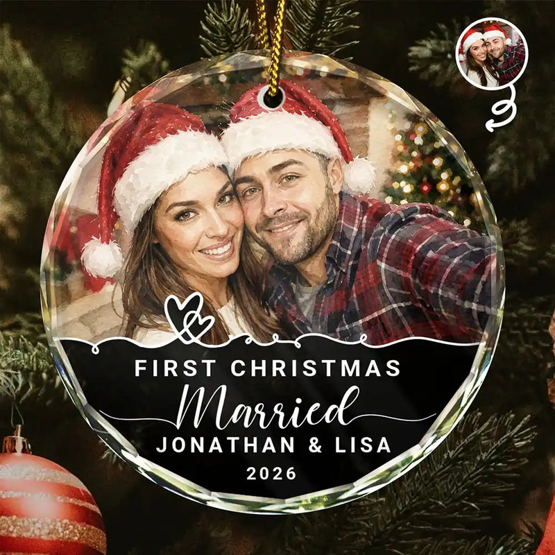 Art Design,Christmas,Married Couple,Romantic,Gift For Couples,Photo - Watercolor - With BG - Custom Photo Watercolor Painting First Christmas Married Couple - Personalized Circle Glass Ornament