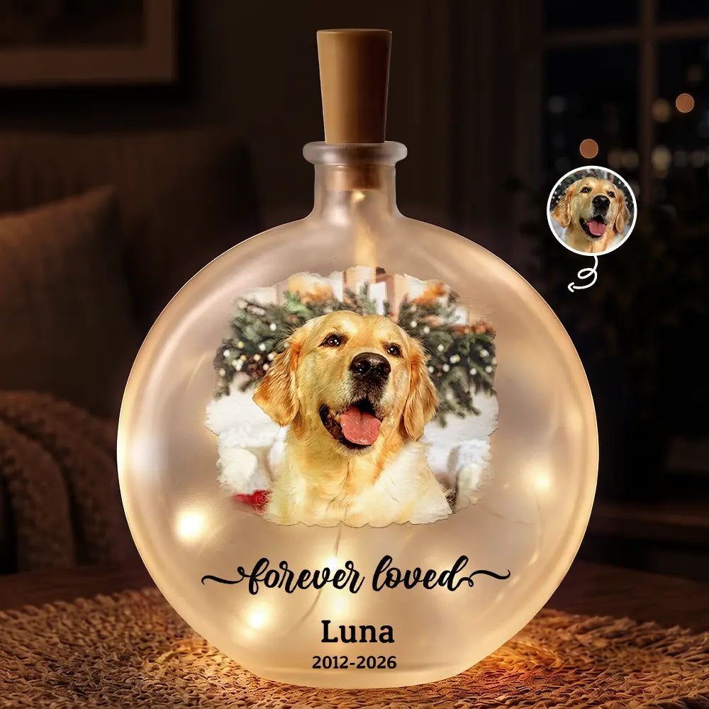 Art Design,Christmas,Pet Memorial,Sympathetic,Pet Lovers,Memorial,Photo - Watercolor - With BG - Custom Photo Watercolor Painting Memorial Pet Forever Loved - Personalized Round Flat Bottle Light