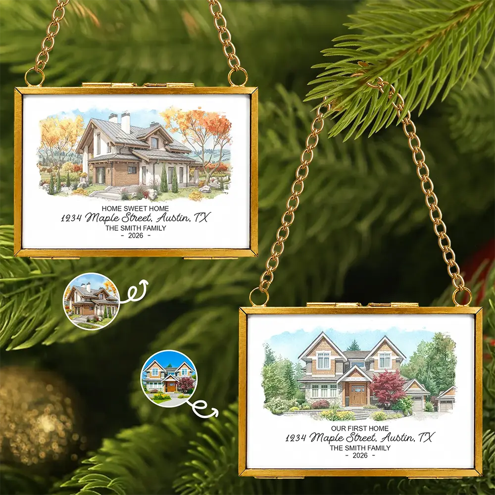 Custom Photo Watercolor Painting Our First Home - Personalized Metal Frame Ornament