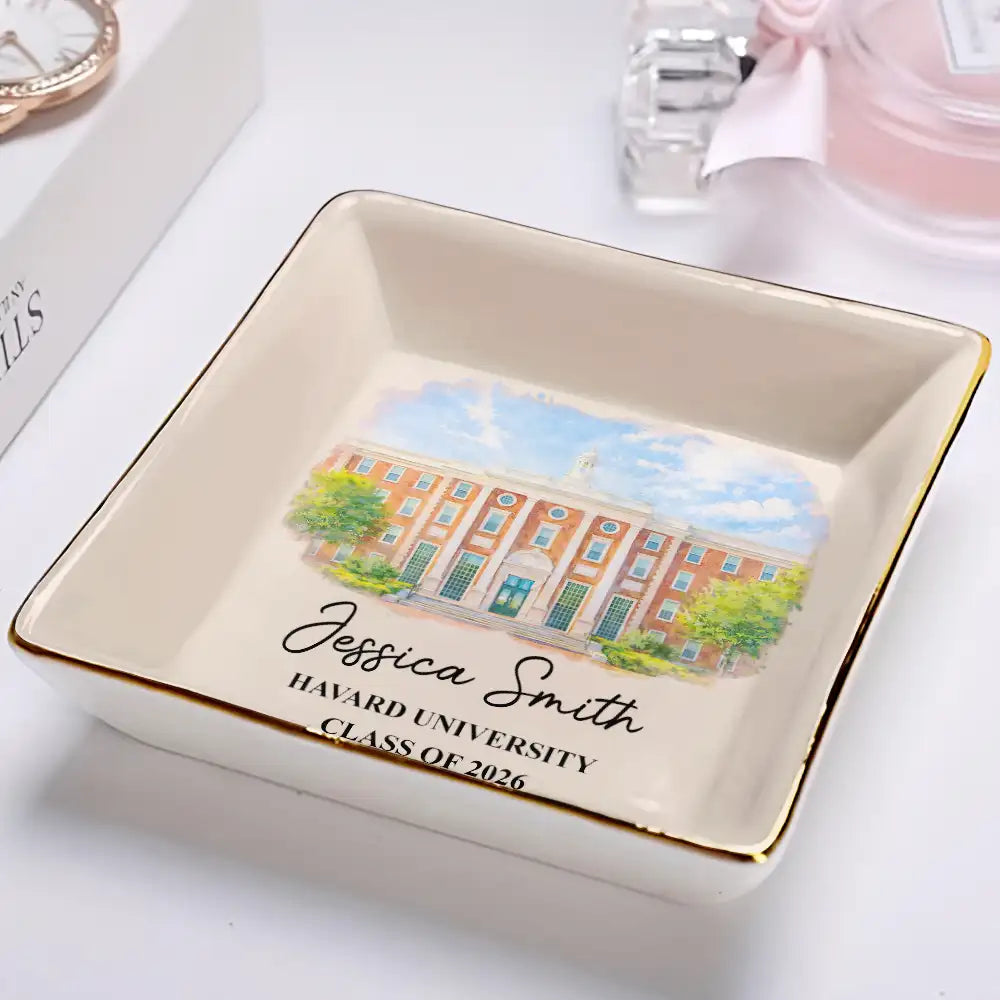 Gift For Women,Gift For Men,Graduation,Gift For Yourself,Happy,Photo - Watercolor (with BG) - Custom Photo Watercolor Painting University Image - Personalized Ring Dish