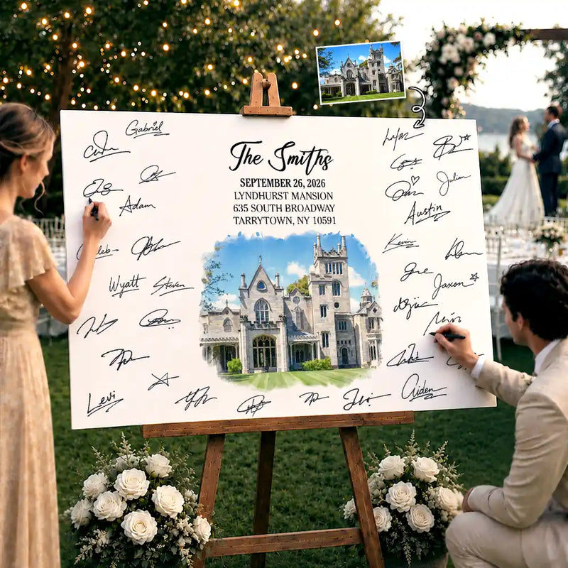 Custom Photo, Art Design, Gift For Couples, Top Market, Wedding, Romantic, Photo - Watercolor - With BG - Custom Photo Watercolor Painting Watercolor Wedding Venue Guest Book - Personalized Poster