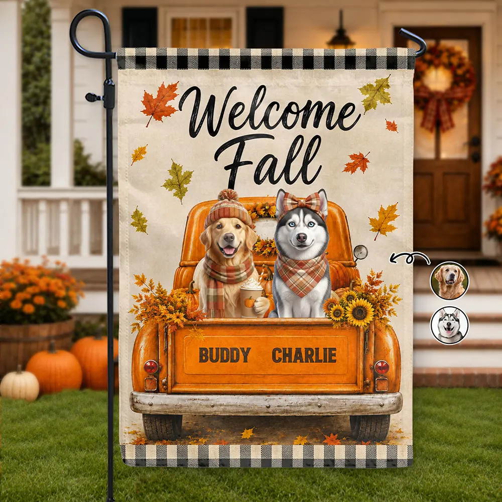 Custom Photo Watercolor Pet With Autumn Accessories Welcome Fall - Personalized Flag