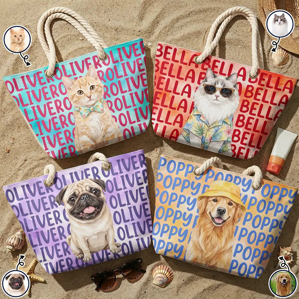 Adorable, Art Design, Custom Photo, Summer, Pet Lovers, Photo - Watercolor Summer Pet With Accessories - Custom Photo Watercolor Pet With Summer Accessories Cute Dog Cat Portrait - Personalized Beach Bag