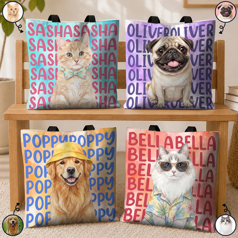 Top Market, Adorable, Art Design, Custom Photo, Summer, Pet Lovers, Photo - Watercolor Summer Pet With Accessories - Custom Photo Watercolor Pet With Summer Accessories Cute Dog Cat Portrait - Personalized Tote Bag