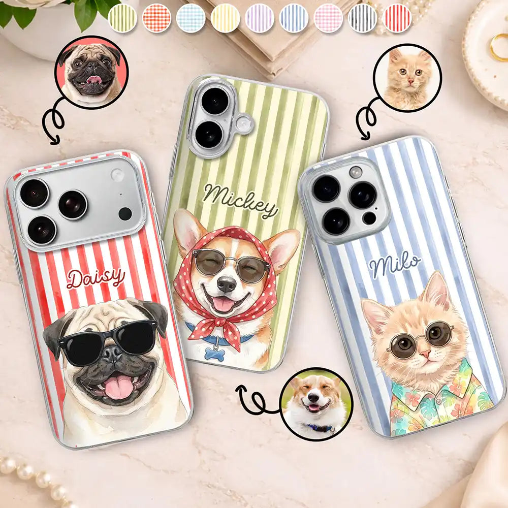 Custom Photo, Art Design, Summer, Pet Lovers, Playful, Photo - Watercolor Summer Pet With Accessories - Custom Photo Watercolor Pet With Summer Accessories Pet Portrait - Personalized Clear Phone Case