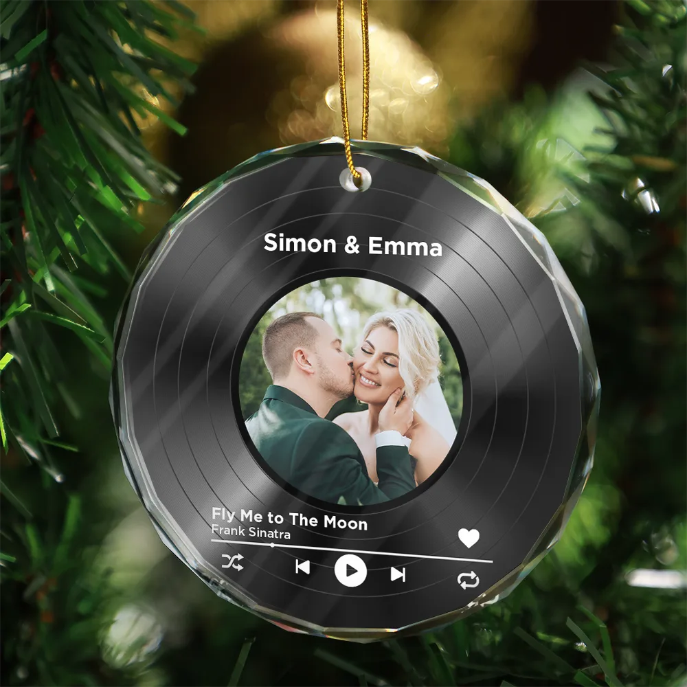 Christmas,Custom Photo,Gift For Couples,Gift For Husband,Gift For Wife,Gift For Boyfriend,Gift For Girlfriend,Happy - Custom Photo Wedding Song Favorite Couple Song - Personalized Circle Glass Ornament