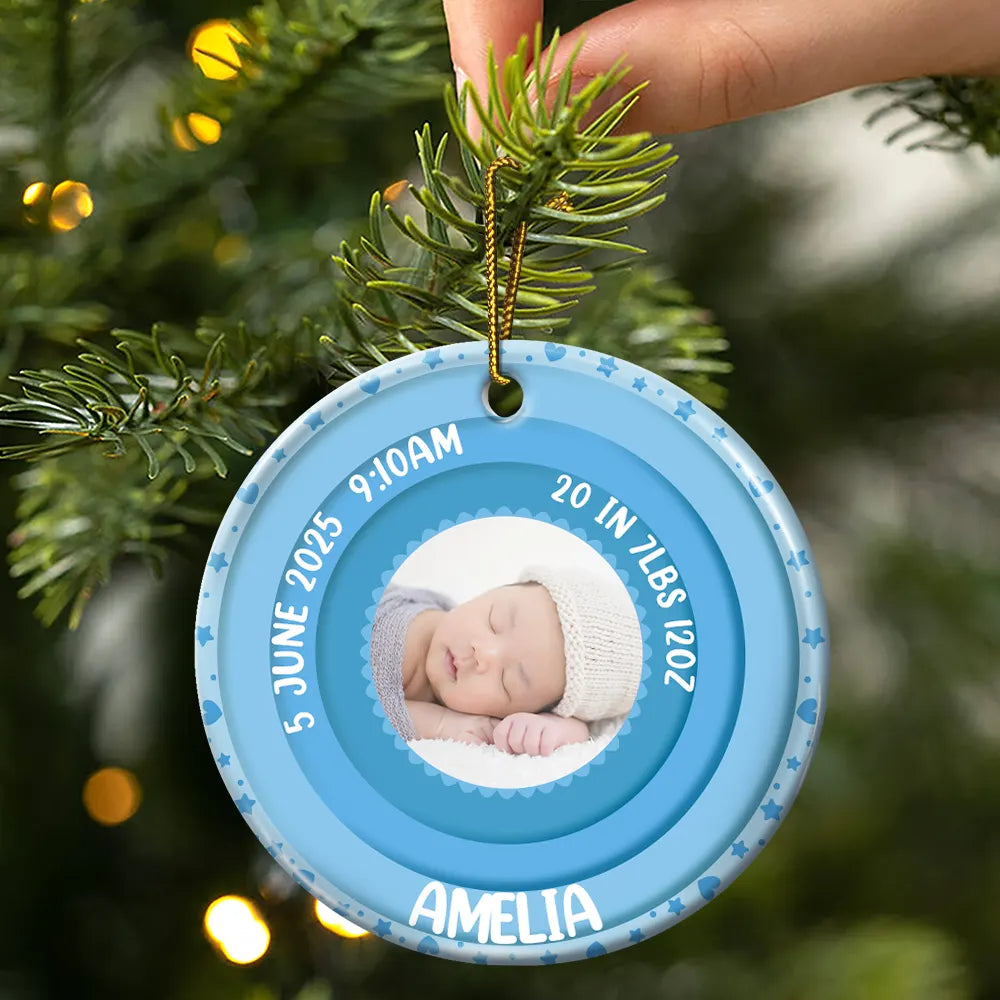Christmas, Family, New baby, Happy - Custom Photo Welcome To The World Baby Stats - Personalized Circle Ceramic Ornament