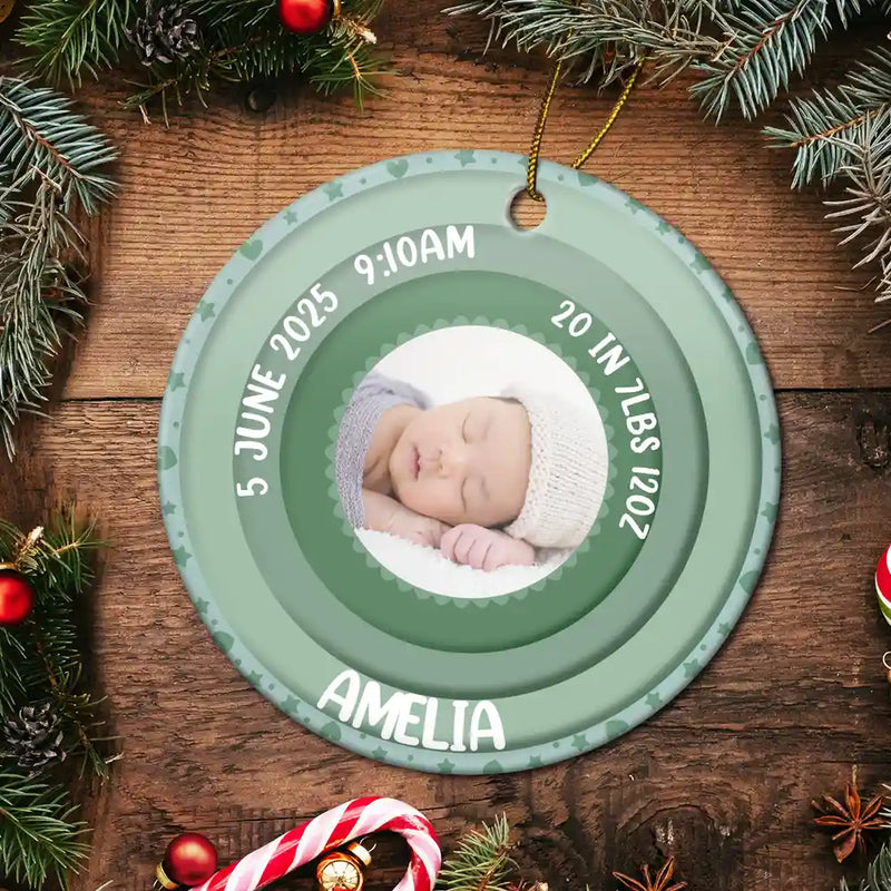 Christmas, Family, New baby, Happy - Custom Photo Welcome To The World Baby Stats - Personalized Circle Ceramic Ornament