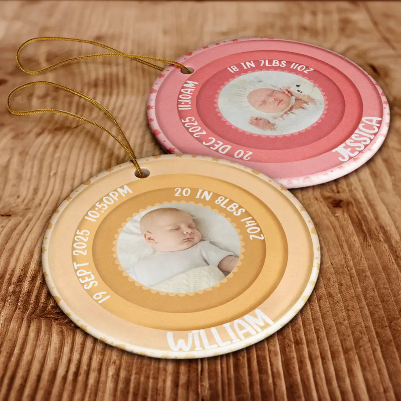 Christmas, Family, New baby, Happy - Custom Photo Welcome To The World Baby Stats - Personalized Circle Ceramic Ornament